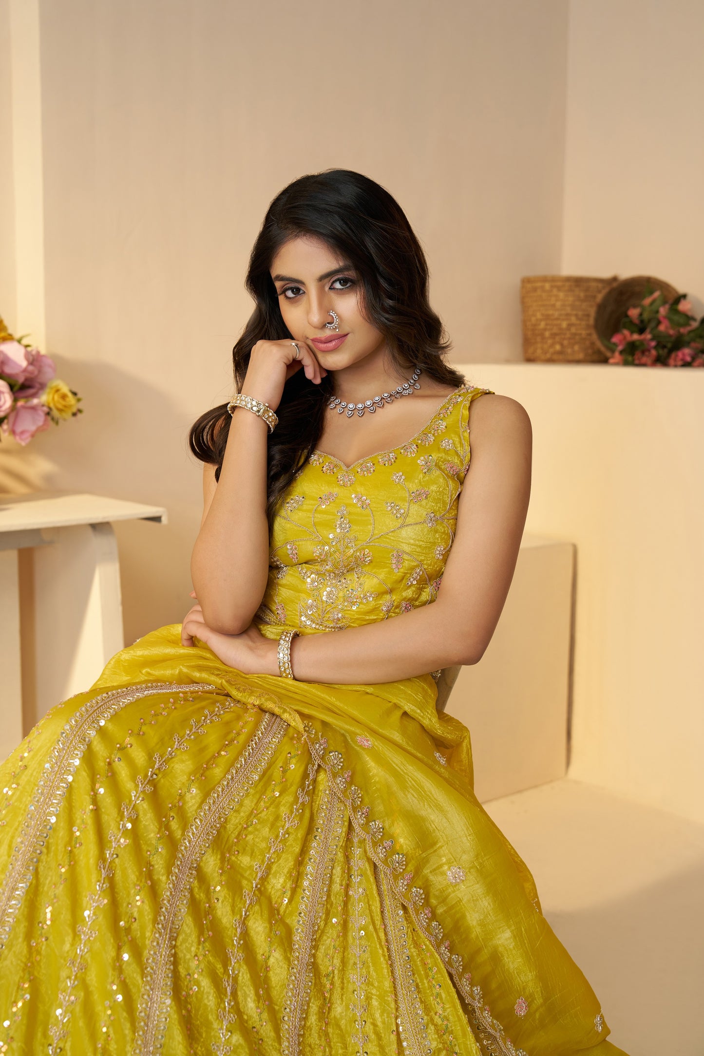 Haldi Ceremony Yellow Lehenga with Sequins & Cut Dana Work