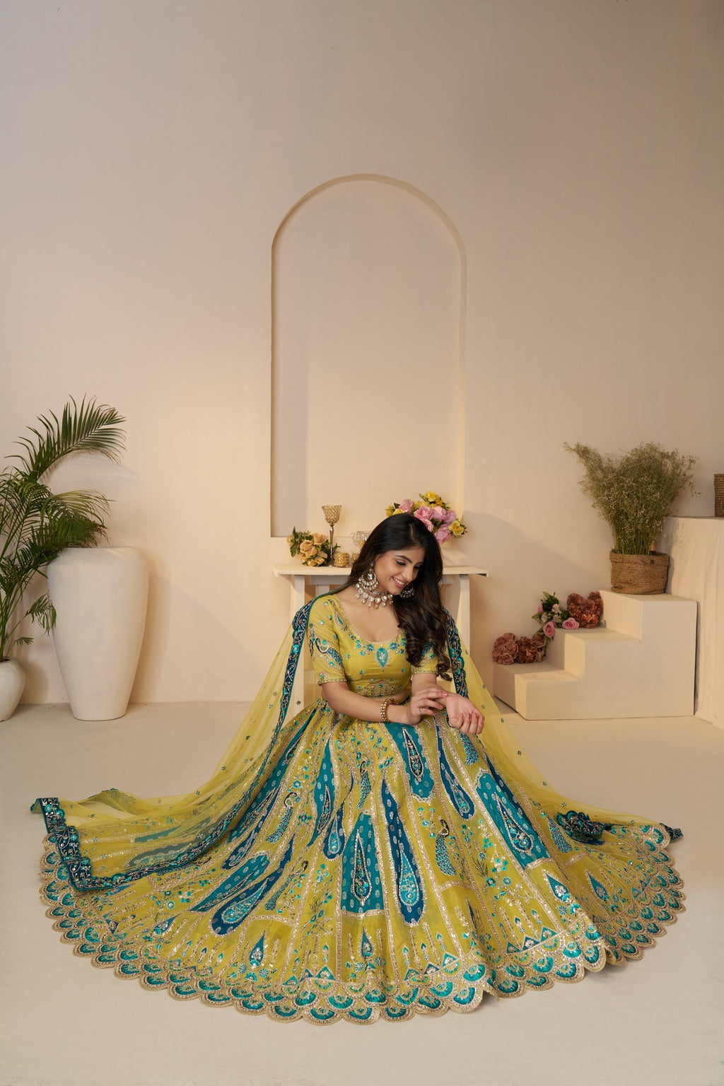 Alluring Bel Butti Pattern Golden Sangeet Lehenga Choli