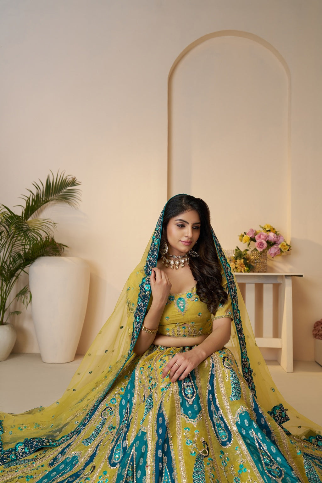 Alluring Bel Butti Pattern Golden Sangeet Lehenga Choli