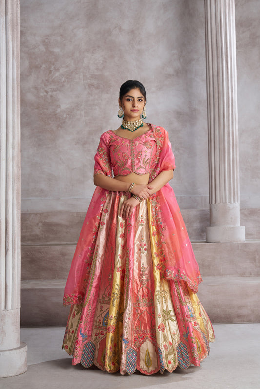 Pretty Pink Silk Lehenga with Intricate Paisley Motifs & Thread Embroidery